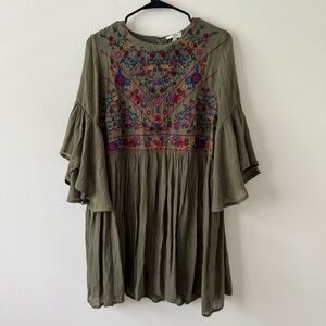Umgee Floral Embroidered Mini Flutter Dress Green Multicolor Large L